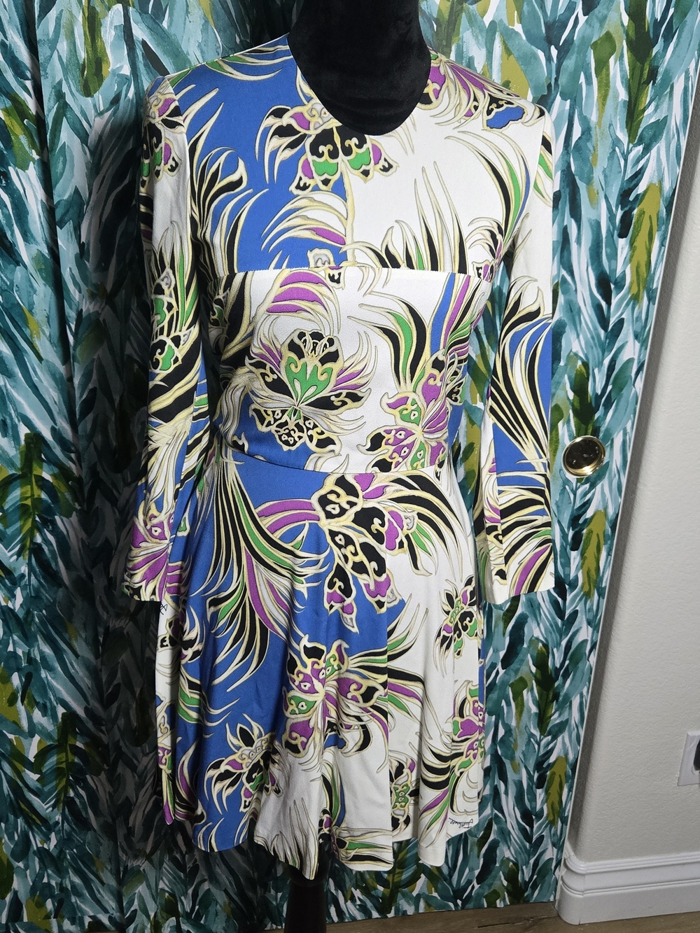 Just Cavalli Floral Abstract Print Long Sleeve Skater Dress Blue White